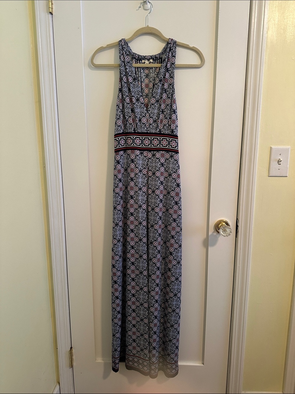 Max Studio Navy and Pink Geometric Racerback Maxi Dress